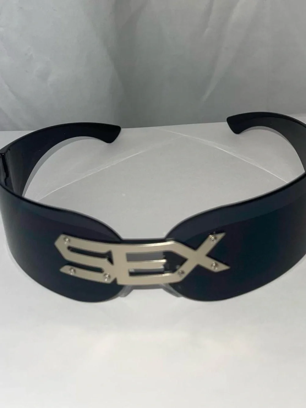 Sunglasses Shield Visor with Metal 'SEX' Logo - Black
